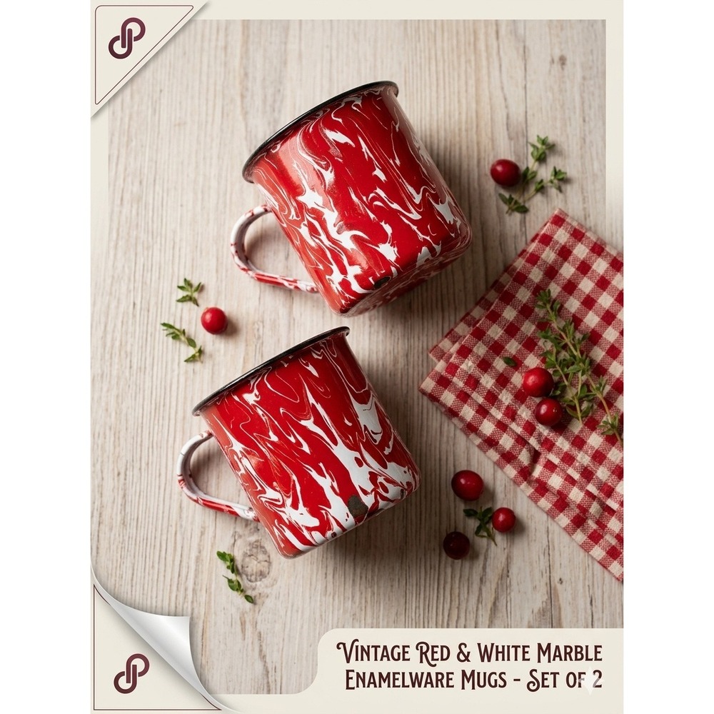 Vintage Red and White Marbled Enamelware Mugs Set of 2 Splatterware Camping Cups